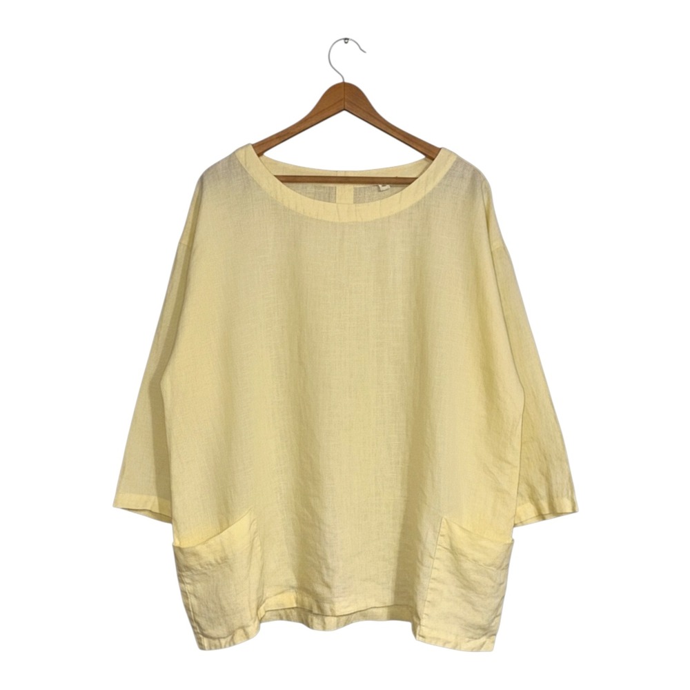 Eileen Fisher Organic‎ Linen Tunic Top Pale Yellow 3/4 Sleeve Pocket M R5OLA
